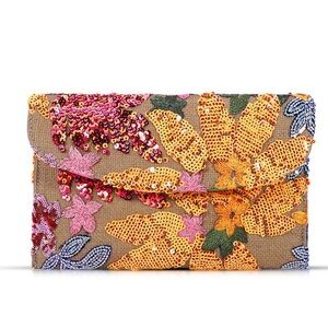 Envelope Package, Clutch Purses, Sequin Embroidered Flowers Straw New